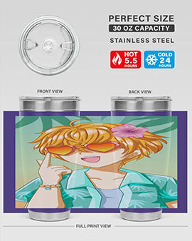 A happy and cute anime boy with glasses enjoying a sunny day at the beach, holding a colorful tumbler.