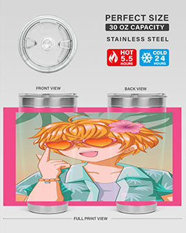 A happy and cute anime boy with glasses enjoying a sunny day at the beach, holding a colorful tumbler.