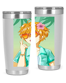 A happy and cute anime boy with glasses enjoying a sunny day at the beach, holding a colorful tumbler.