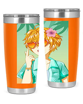 A happy and cute anime boy with glasses enjoying a sunny day at the beach, holding a colorful tumbler.