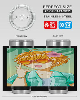 A happy and cute anime boy with glasses enjoying a sunny day at the beach, holding a colorful tumbler.