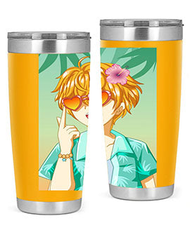 A happy and cute anime boy with glasses enjoying a sunny day at the beach, holding a colorful tumbler.