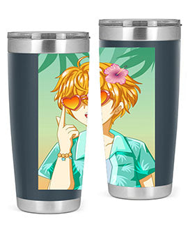 A happy and cute anime boy with glasses enjoying a sunny day at the beach, holding a colorful tumbler.