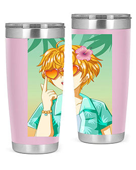 A happy and cute anime boy with glasses enjoying a sunny day at the beach, holding a colorful tumbler.