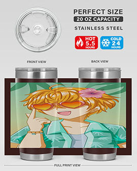 A happy and cute anime boy with glasses enjoying a sunny day at the beach, holding a colorful tumbler.