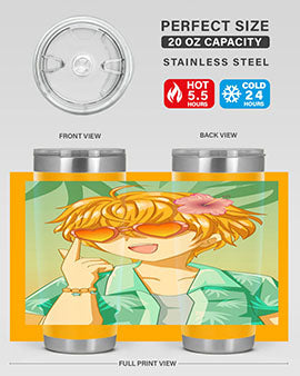 A happy and cute anime boy with glasses enjoying a sunny day at the beach, holding a colorful tumbler.