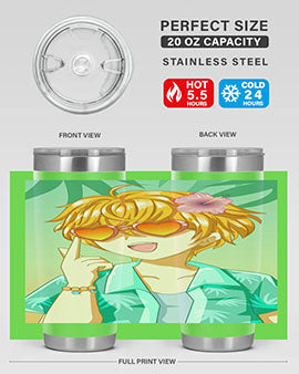 A happy and cute anime boy with glasses enjoying a sunny day at the beach, holding a colorful tumbler.