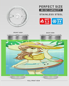 A vibrant tumbler featuring a happy girl at the beach with a cute buoy, perfect for summer drinks.