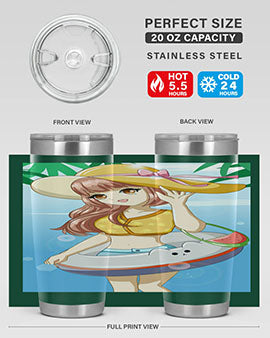A vibrant tumbler featuring a happy girl at the beach with a cute buoy, perfect for summer drinks.