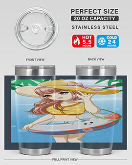 A vibrant tumbler featuring a happy girl at the beach with a cute buoy, perfect for summer drinks.