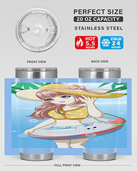 A vibrant tumbler featuring a happy girl at the beach with a cute buoy, perfect for summer drinks.