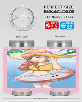 A vibrant tumbler featuring a happy girl at the beach with a cute buoy, perfect for summer drinks.