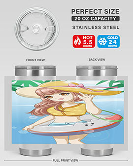 A vibrant tumbler featuring a happy girl at the beach with a cute buoy, perfect for summer drinks.