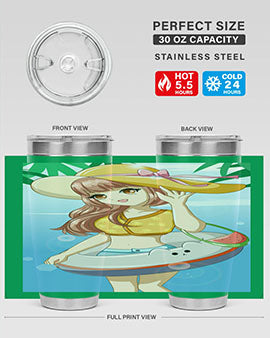 A vibrant tumbler featuring a happy girl at the beach with a cute buoy, perfect for summer drinks.