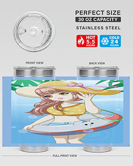 A vibrant tumbler featuring a happy girl at the beach with a cute buoy, perfect for summer drinks.