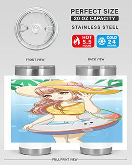 A vibrant tumbler featuring a happy girl at the beach with a cute buoy, perfect for summer drinks.