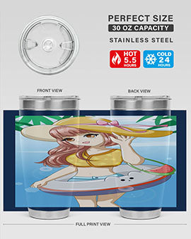 A vibrant tumbler featuring a happy girl at the beach with a cute buoy, perfect for summer drinks.