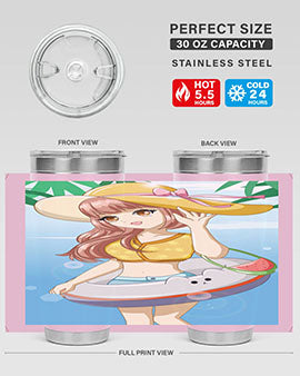 A vibrant tumbler featuring a happy girl at the beach with a cute buoy, perfect for summer drinks.