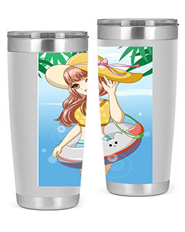 A vibrant tumbler featuring a happy girl at the beach with a cute buoy, perfect for summer drinks.