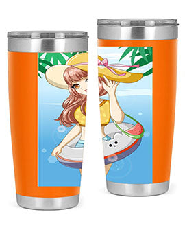 A vibrant tumbler featuring a happy girl at the beach with a cute buoy, perfect for summer drinks.