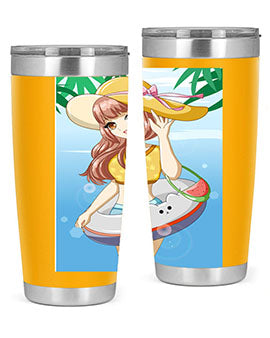 A vibrant tumbler featuring a happy girl at the beach with a cute buoy, perfect for summer drinks.