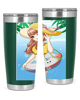 A vibrant tumbler featuring a happy girl at the beach with a cute buoy, perfect for summer drinks.