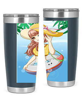 A vibrant tumbler featuring a happy girl at the beach with a cute buoy, perfect for summer drinks.