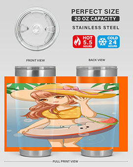 A vibrant tumbler featuring a happy girl at the beach with a cute buoy, perfect for summer drinks.