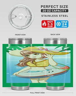 A vibrant tumbler featuring a happy girl at the beach with a cute buoy, perfect for summer drinks.