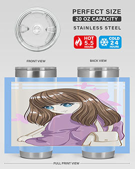 Happy and pretty college student holding a stylish 20oz tumbler, showcasing its sleek design and vibrant print.