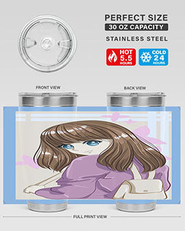 Happy and pretty college student holding a stylish 20oz tumbler, showcasing its sleek design and vibrant print.