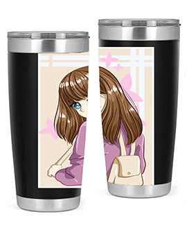 Happy and pretty college student holding a stylish 20oz tumbler, showcasing its sleek design and vibrant print.