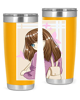 Happy and pretty college student holding a stylish 20oz tumbler, showcasing its sleek design and vibrant print.