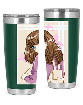 Happy and pretty college student holding a stylish 20oz tumbler, showcasing its sleek design and vibrant print.