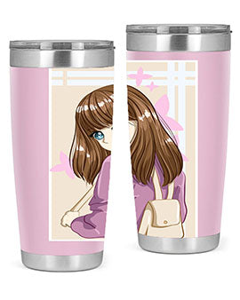 Happy and pretty college student holding a stylish 20oz tumbler, showcasing its sleek design and vibrant print.