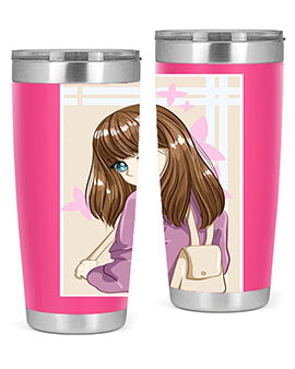 Happy and pretty college student holding a stylish 20oz tumbler, showcasing its sleek design and vibrant print.