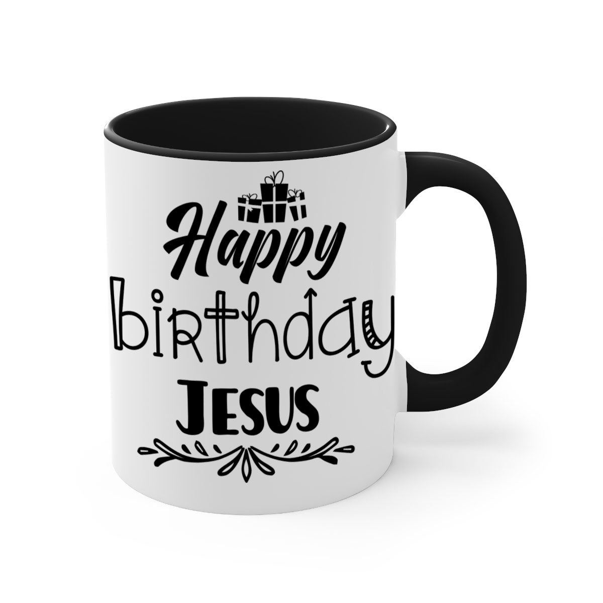 Happy Birthday Jesus Mug featuring a glossy finish, colored handle, and interior, available in multiple colors and sizes.