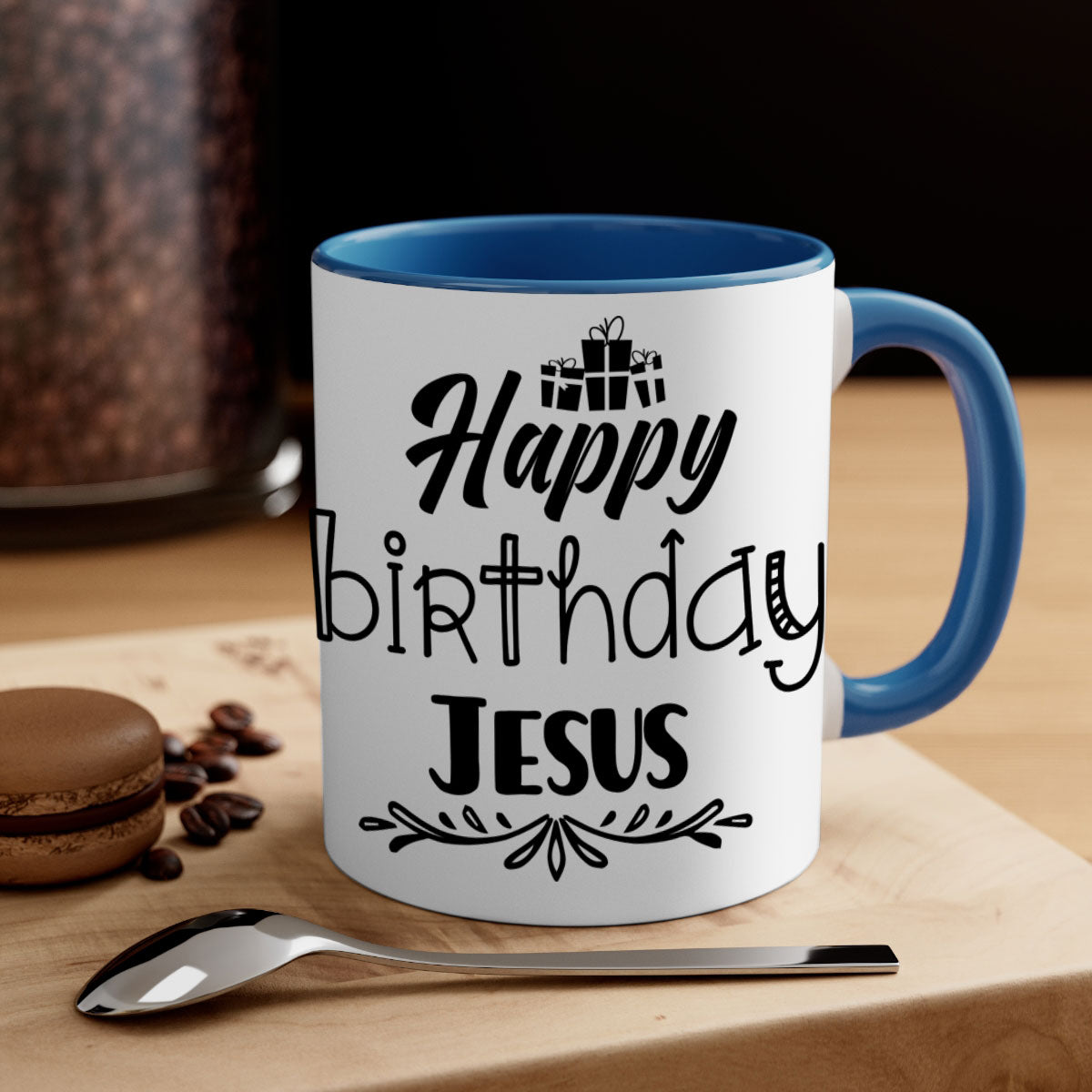 Happy Birthday Jesus Mug featuring a glossy finish, colored handle, and interior, available in multiple colors and sizes.