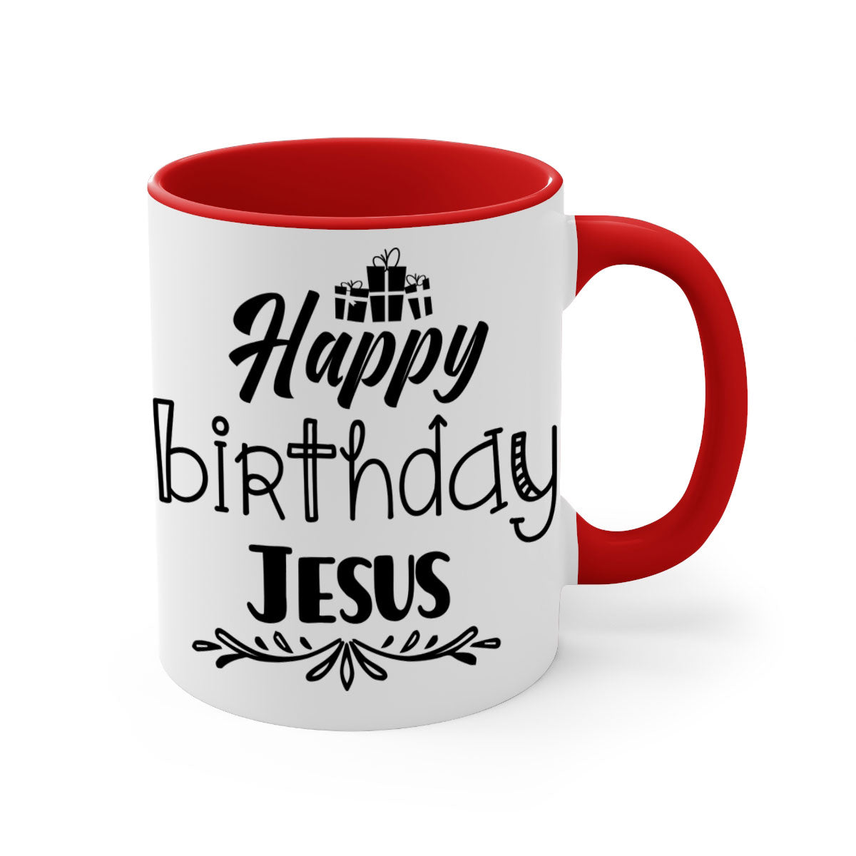 Happy Birthday Jesus Mug featuring a glossy finish, colored handle, and interior, available in multiple colors and sizes.