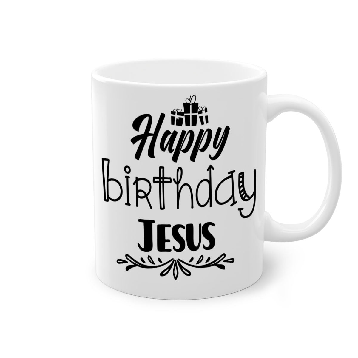 Happy Birthday Jesus Mug featuring a glossy finish, colored handle, and interior, available in multiple colors and sizes.