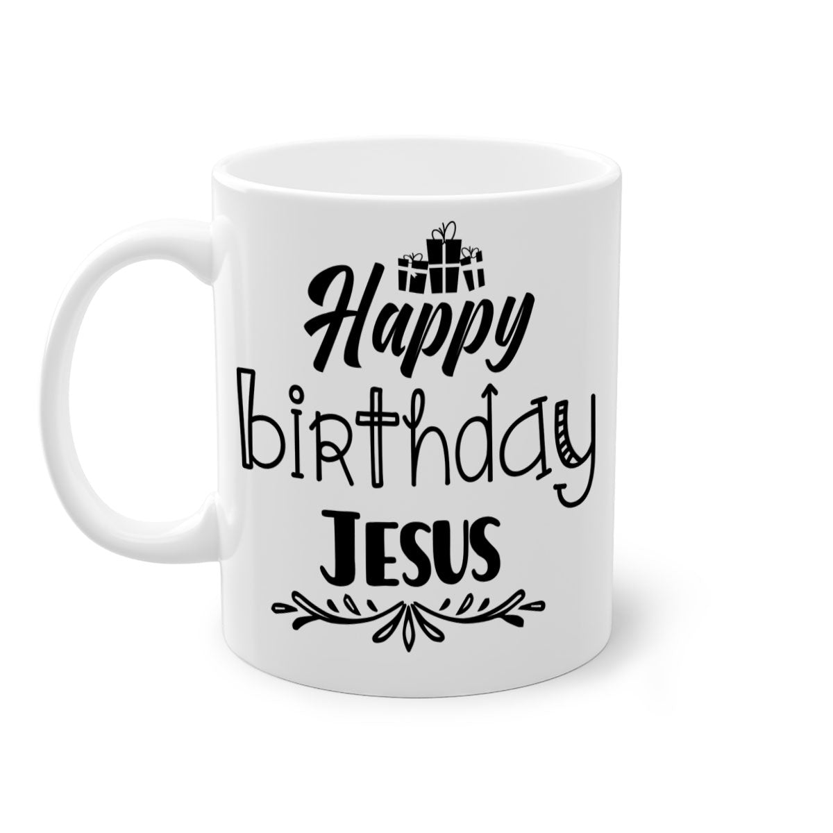 Happy Birthday Jesus Mug featuring a glossy finish, colored handle, and interior, available in multiple colors and sizes.
