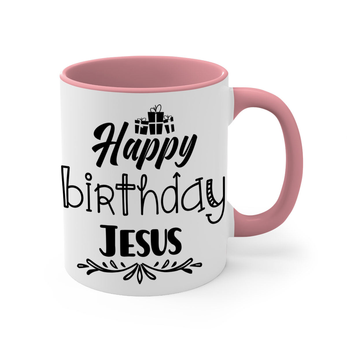 Happy Birthday Jesus Mug featuring a glossy finish, colored handle, and interior, available in multiple colors and sizes.