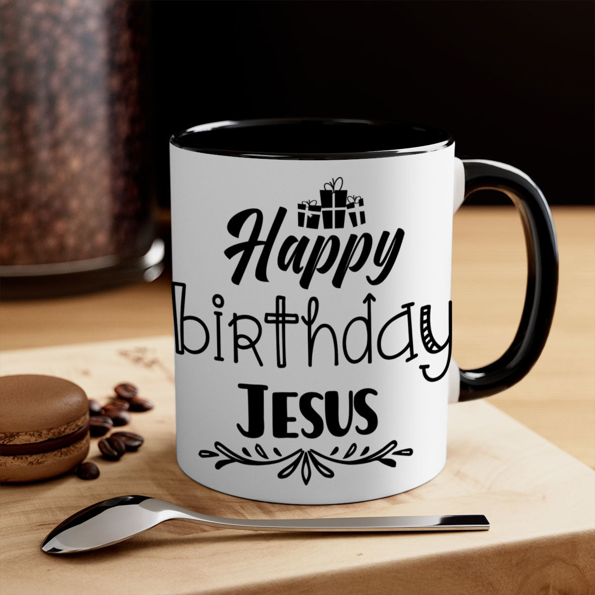 Happy Birthday Jesus Mug featuring a glossy finish, colored handle, and interior, available in multiple colors and sizes.