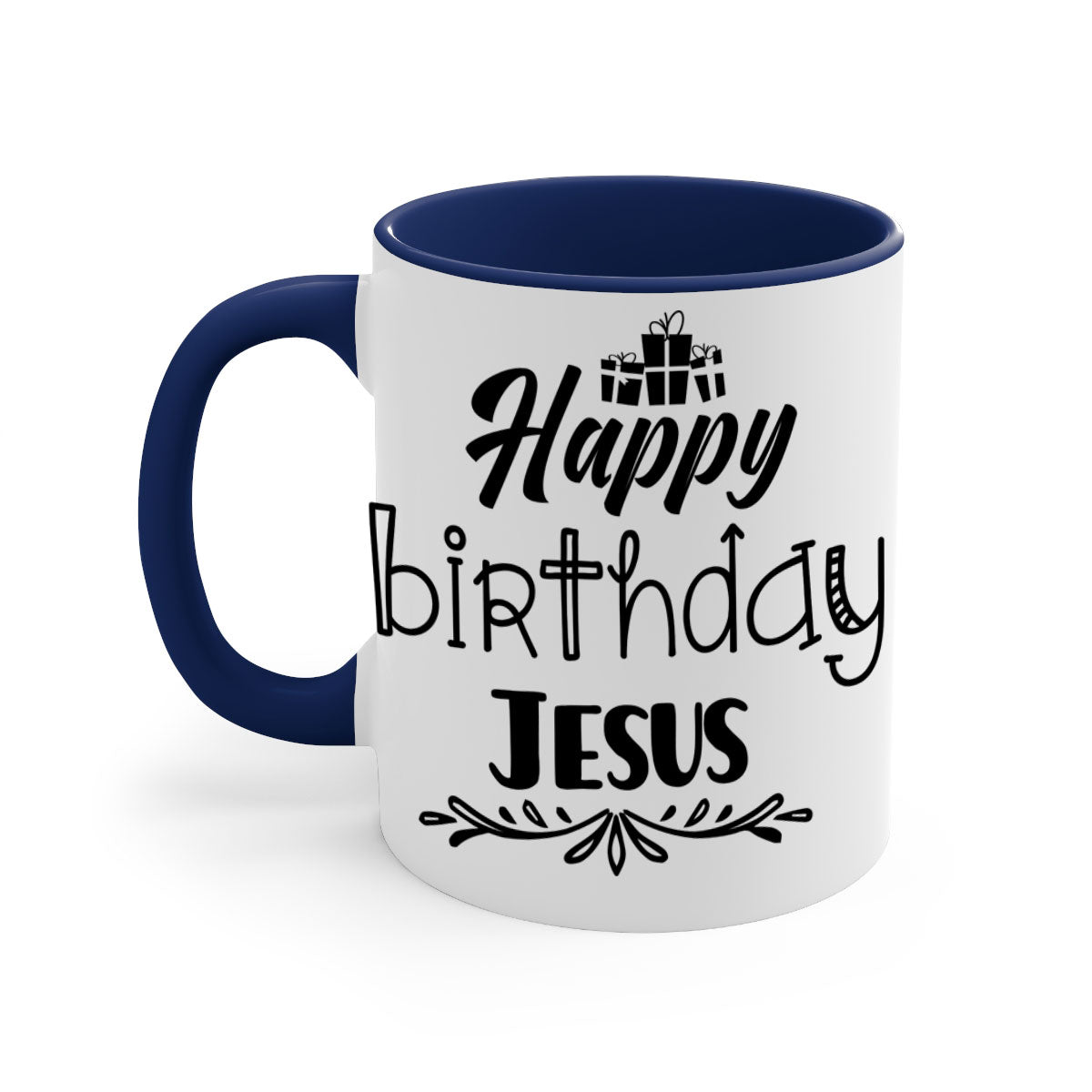 Happy Birthday Jesus Mug featuring a glossy finish, colored handle, and interior, available in multiple colors and sizes.