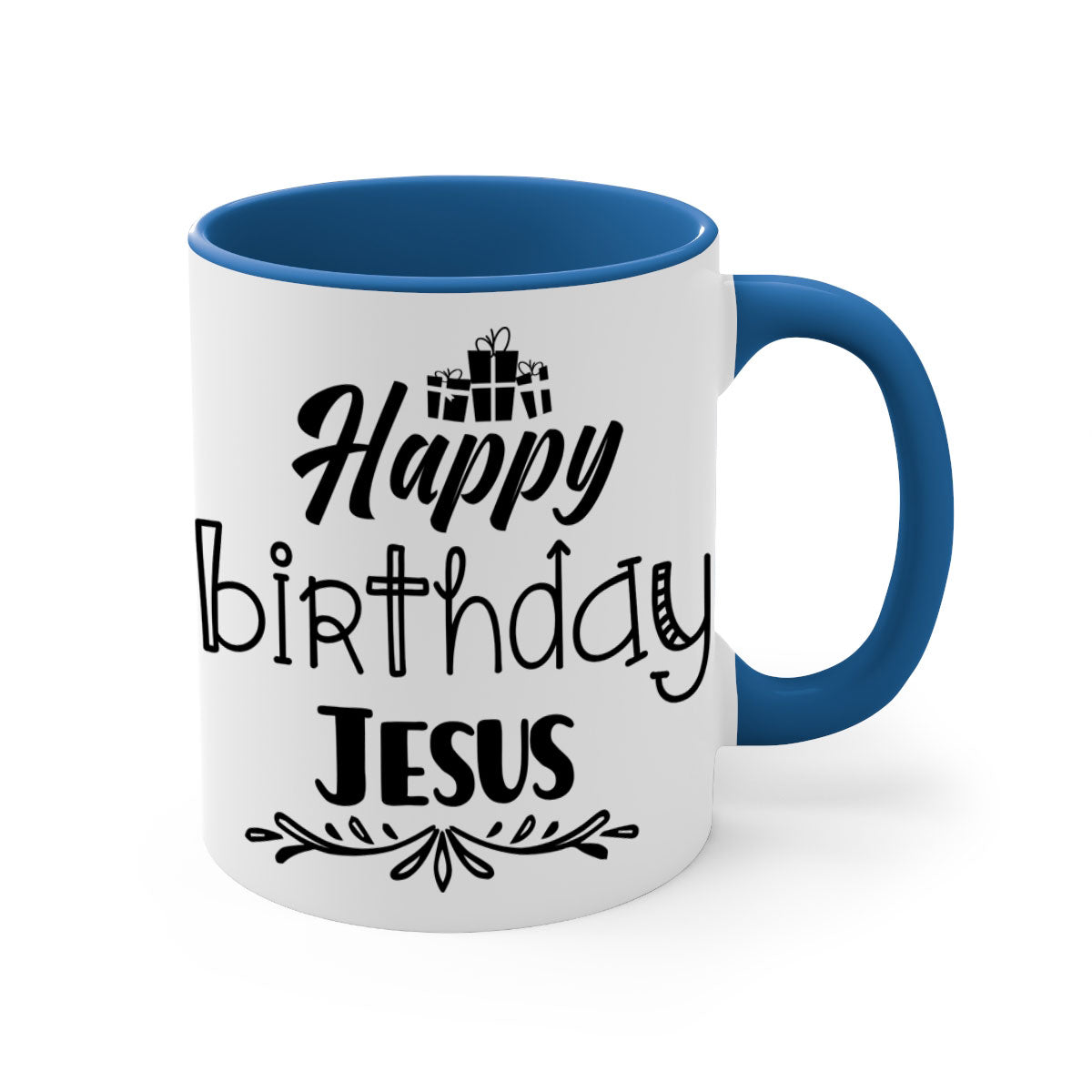 Happy Birthday Jesus Mug featuring a glossy finish, colored handle, and interior, available in multiple colors and sizes.
