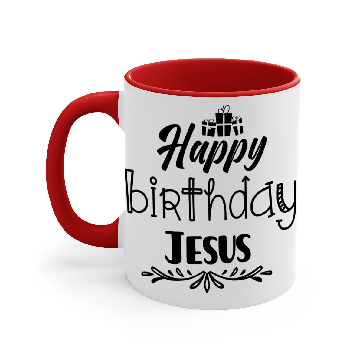 Happy Birthday Jesus Mug featuring a glossy finish, colored handle, and interior, available in multiple colors and sizes.