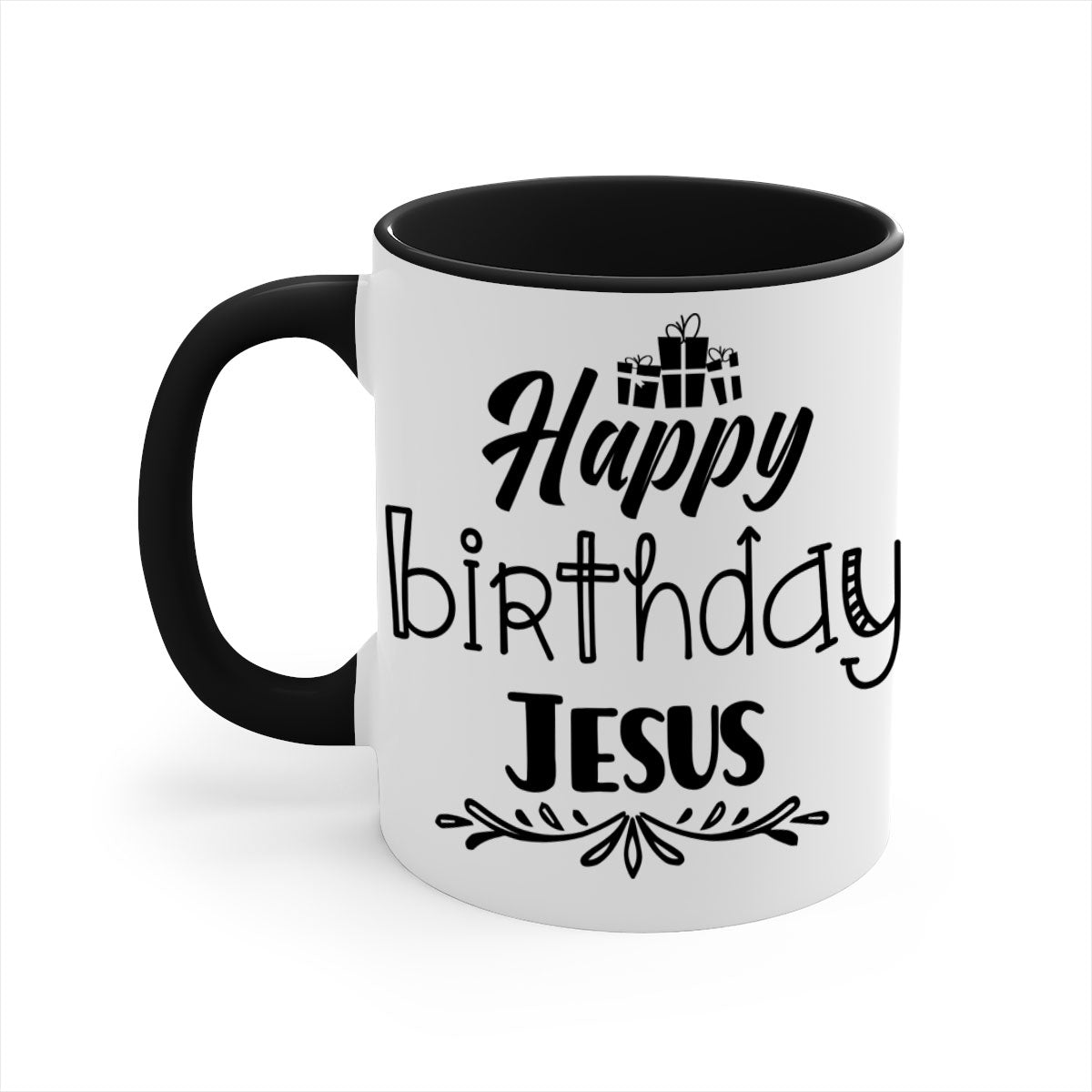 Happy Birthday Jesus Mug featuring a glossy finish, colored handle, and interior, available in multiple colors and sizes.