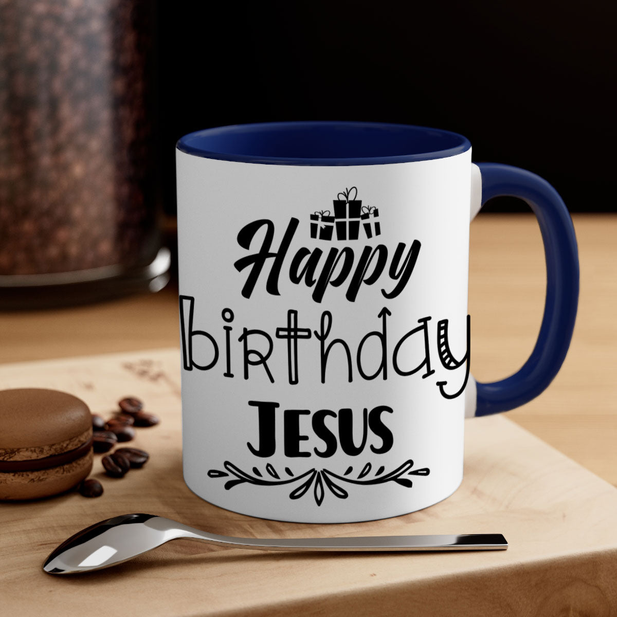Happy Birthday Jesus Mug featuring a glossy finish, colored handle, and interior, available in multiple colors and sizes.