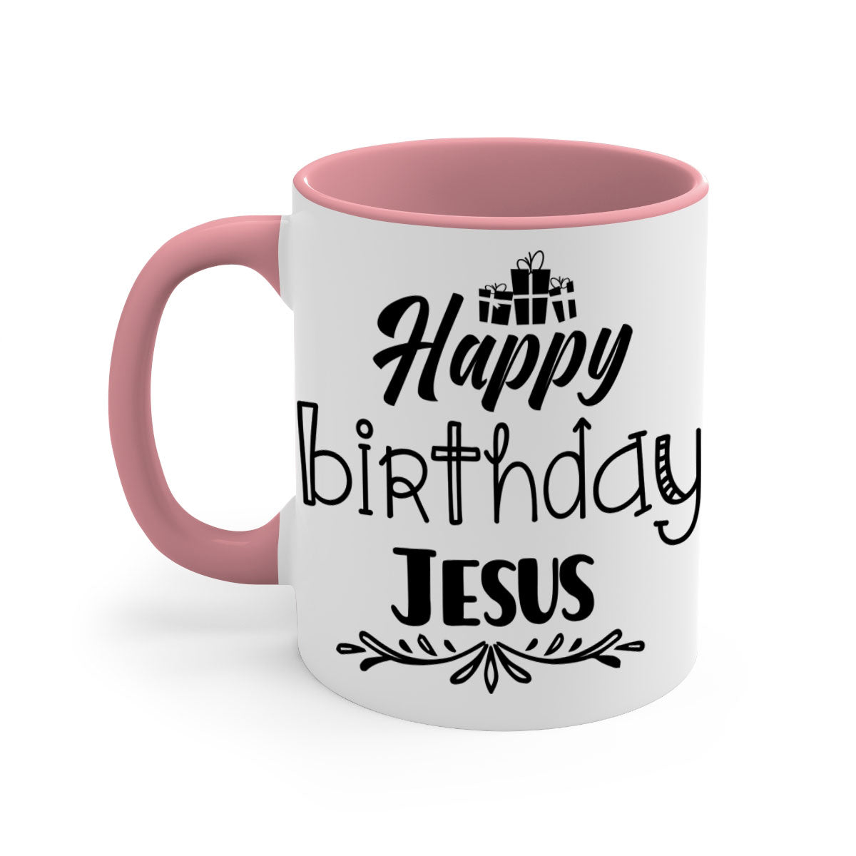 Happy Birthday Jesus Mug featuring a glossy finish, colored handle, and interior, available in multiple colors and sizes.