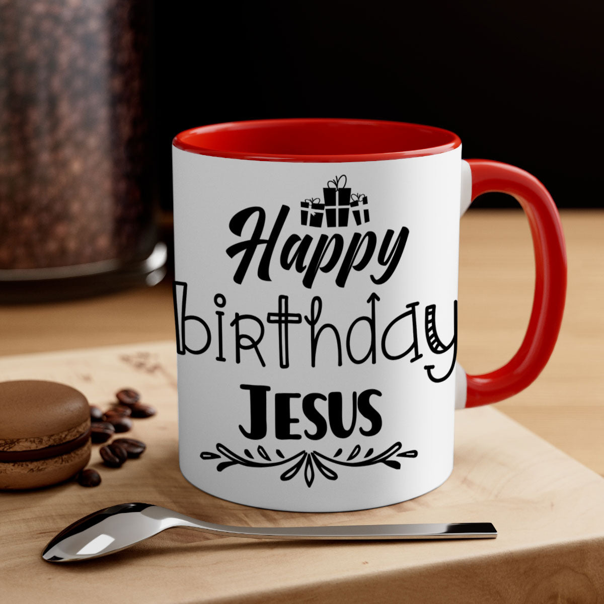Happy Birthday Jesus Mug featuring a glossy finish, colored handle, and interior, available in multiple colors and sizes.